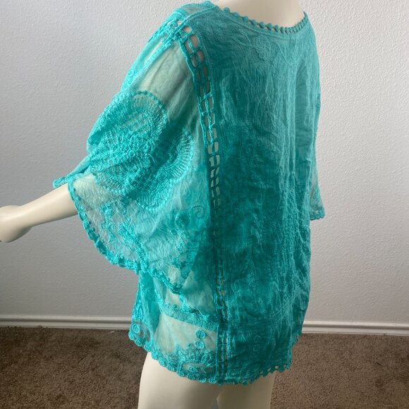 Sapphire Anthropology brand turquoise intricate lace boho top. Sz Large petite. - Picture 7 of 12